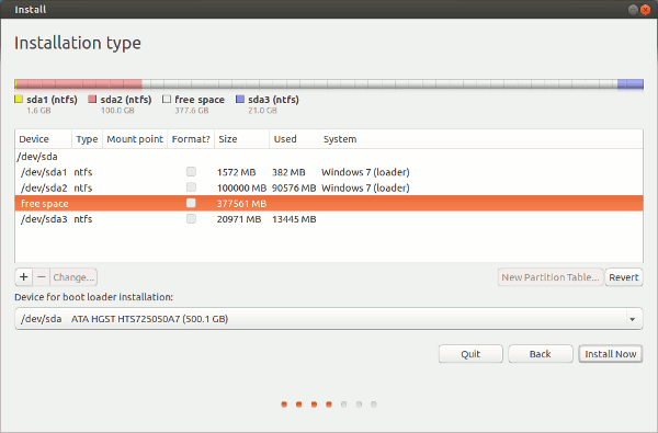 The Windows partitions are listed along with the free space we created for the installation of Wasta Linux