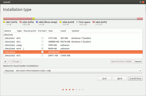 The first two partitions we've assigned (swap and /) now appear in the partition table