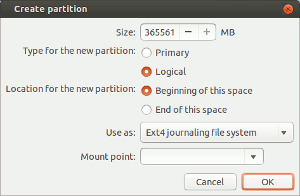 Creating our third and final partition - the Size is set to use the remaining space - leave it unchanged