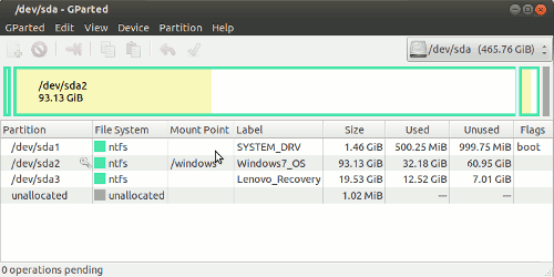 GParted showing partitions of a typical Windows installation. The sda2 partion is displayed in the graphic above the partition list
