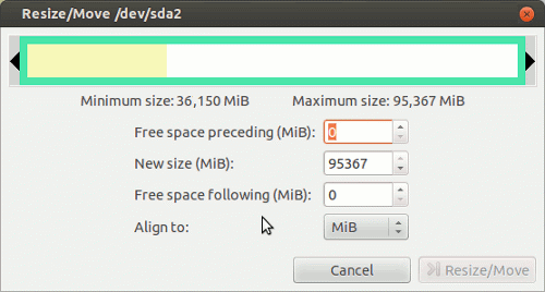 The Resize/Move dialog before making free space