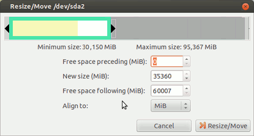 The Resize/Move dialog after dragging the right arrow left to free up about 60000 Megabytes of space at the right/back end of the main Windows partition