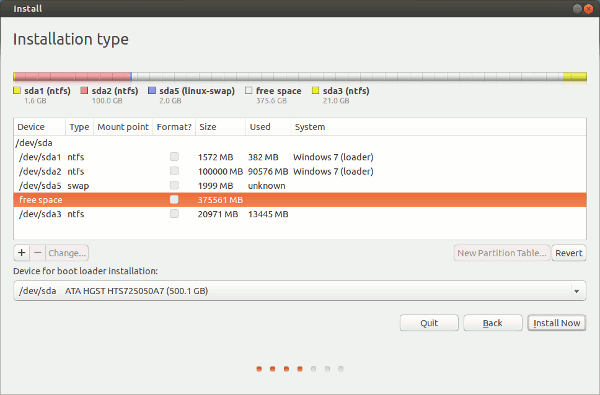 The swap appears as a new partition in the list, with the remaining free space highlighted