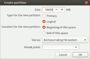 Enter 10000 for the Size value of the second (root) partition