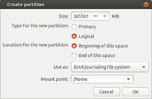 Creating the third and last partition - the /home partition using all remaining space
